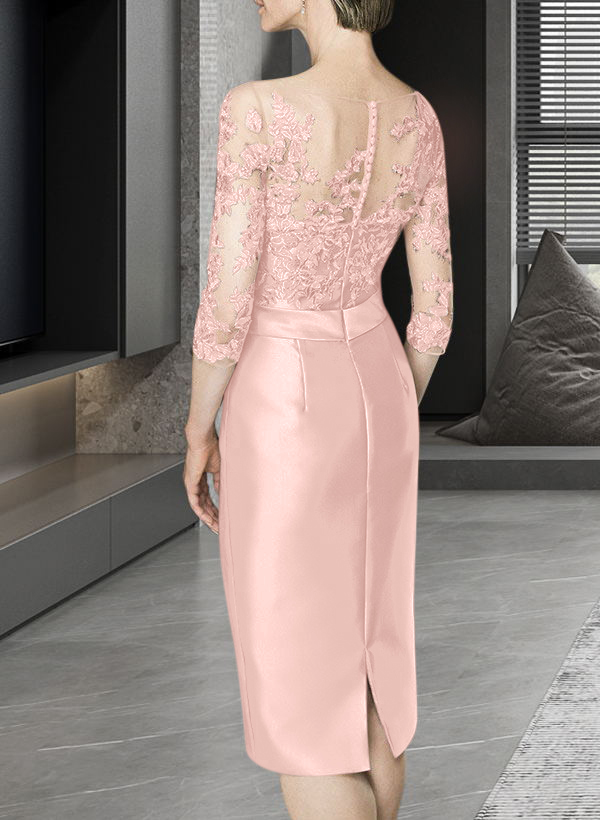Sheath/Column Illusion Neck Knee-Length Satin Mother Of The Bride Dresses With Lace