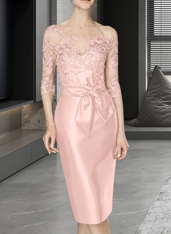 Sheath/Column Illusion Neck Knee-Length Satin Mother Of The Bride Dresses With Lace
