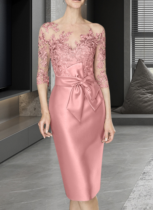 Sheath/Column Illusion Neck Knee-Length Satin Mother Of The Bride Dresses With Lace