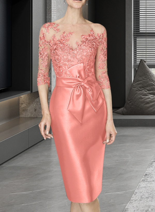 Sheath/Column Illusion Neck Knee-Length Satin Mother Of The Bride Dresses With Lace