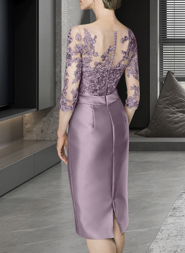 Sheath/Column Illusion Neck Knee-Length Satin Mother Of The Bride Dresses With Lace