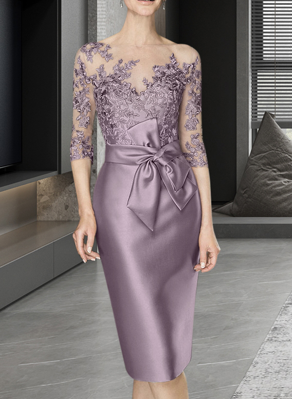 Sheath/Column Illusion Neck Knee-Length Satin Mother Of The Bride Dresses With Lace