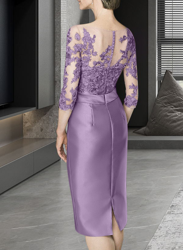 Sheath/Column Illusion Neck Knee-Length Satin Mother Of The Bride Dresses With Lace