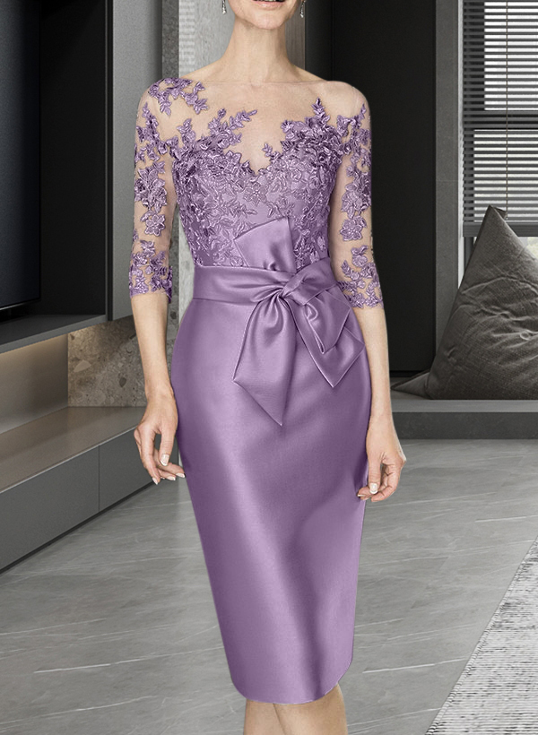 Sheath/Column Illusion Neck Knee-Length Satin Mother Of The Bride Dresses With Lace