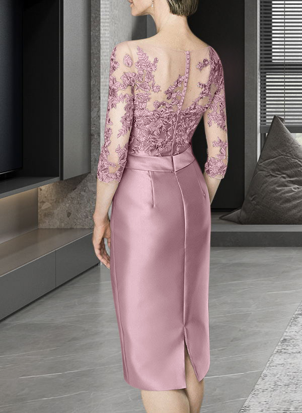 Sheath/Column Illusion Neck Knee-Length Satin Mother Of The Bride Dresses With Lace