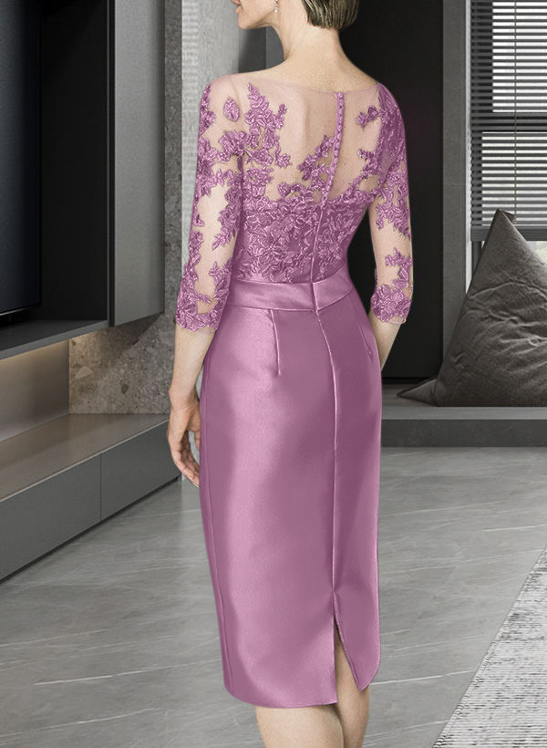 Sheath/Column Illusion Neck Knee-Length Satin Mother Of The Bride Dresses With Lace