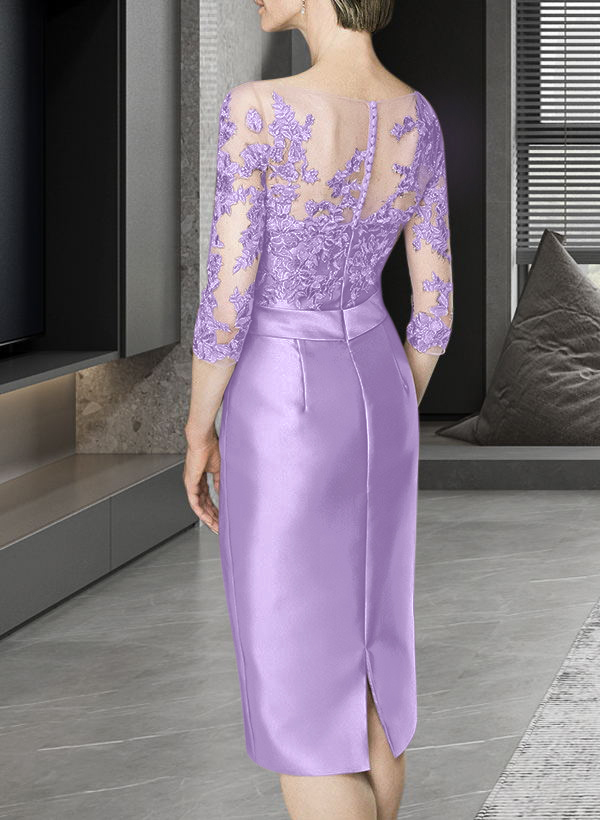 Sheath/Column Illusion Neck Knee-Length Satin Mother Of The Bride Dresses With Lace