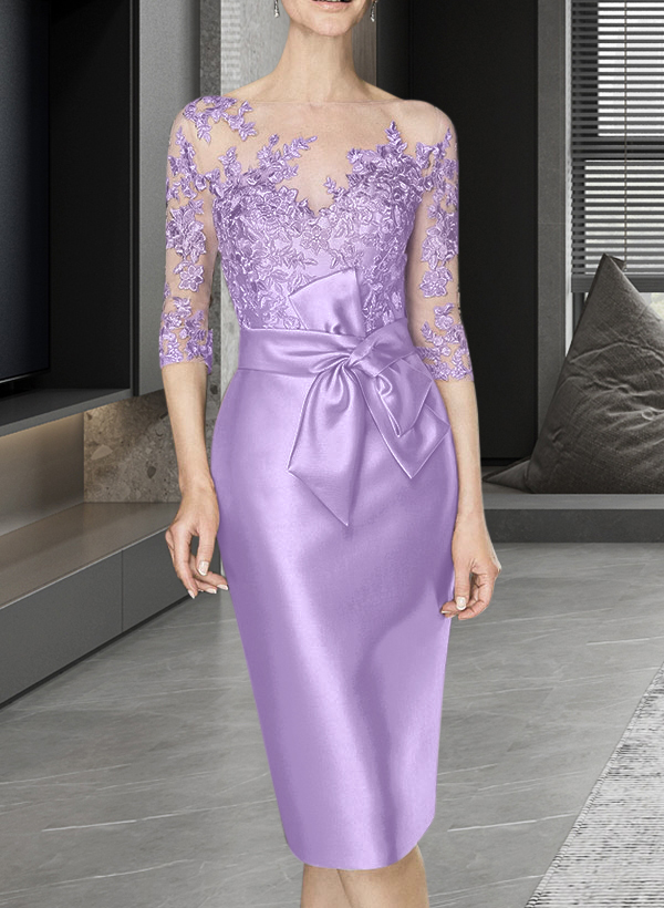 Sheath/Column Illusion Neck Knee-Length Satin Mother Of The Bride Dresses With Lace