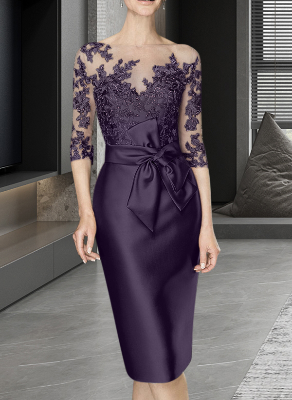 Sheath/Column Illusion Neck Knee-Length Satin Mother Of The Bride Dresses With Lace