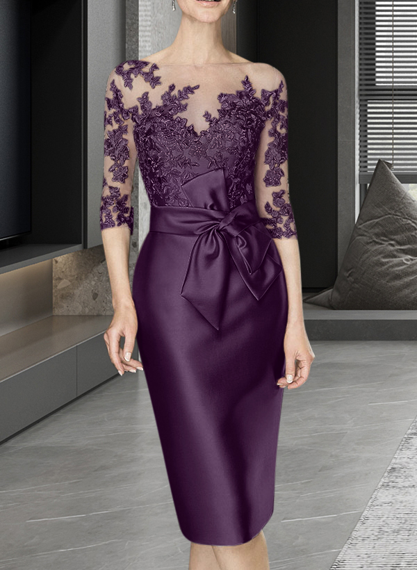 Sheath/Column Illusion Neck Knee-Length Satin Mother Of The Bride Dresses With Lace