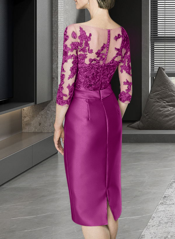 Sheath/Column Illusion Neck Knee-Length Satin Mother Of The Bride Dresses With Lace