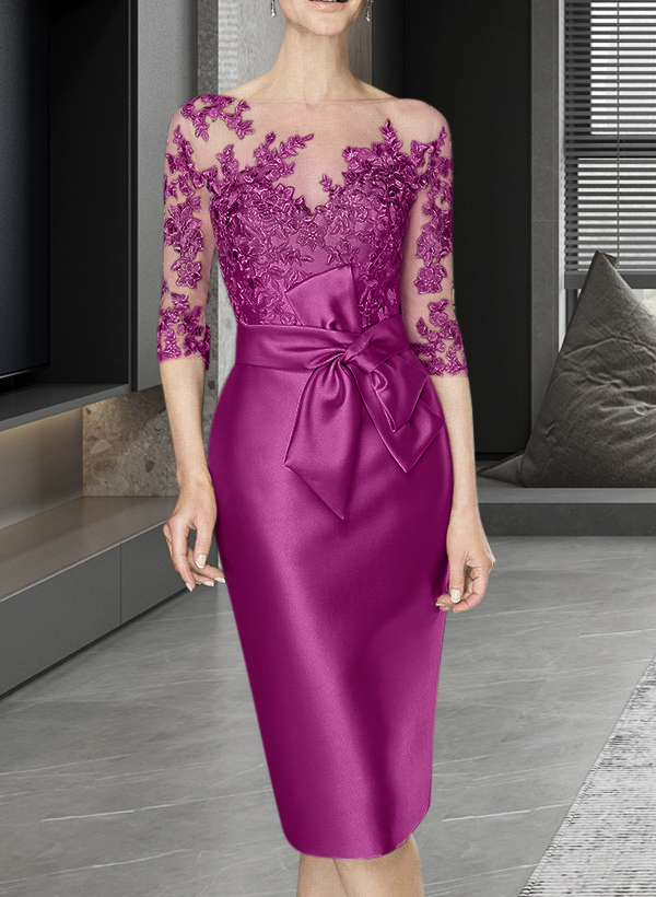 Sheath/Column Illusion Neck Knee-Length Satin Mother Of The Bride Dresses With Lace