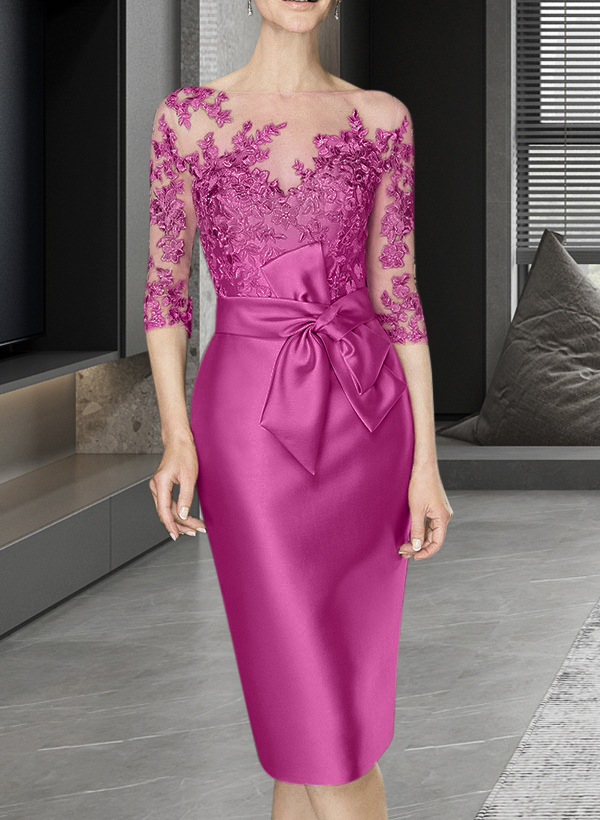 Sheath/Column Illusion Neck Knee-Length Satin Mother Of The Bride Dresses With Lace