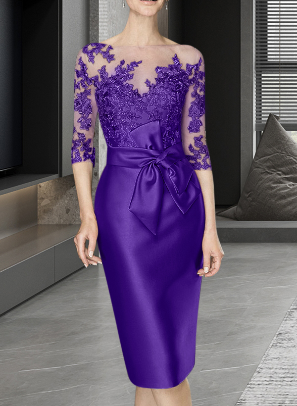 Sheath/Column Illusion Neck Knee-Length Satin Mother Of The Bride Dresses With Lace