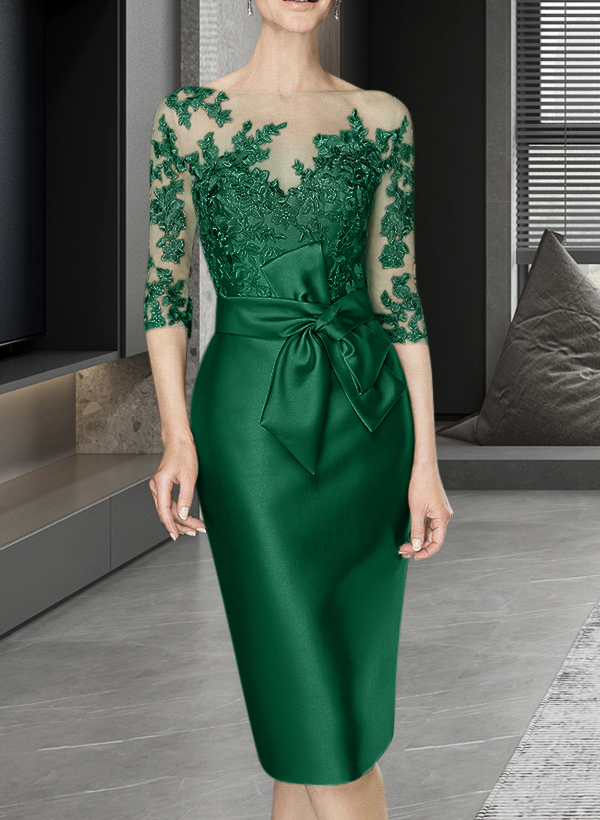 Sheath/Column Illusion Neck Knee-Length Satin Mother Of The Bride Dresses With Lace