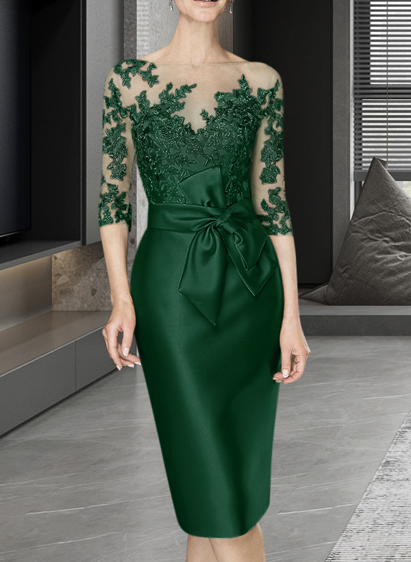 Sheath/Column Illusion Neck Knee-Length Satin Mother Of The Bride Dresses With Lace