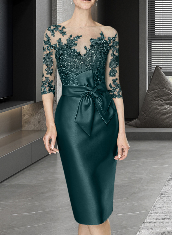 Sheath/Column Illusion Neck Knee-Length Satin Mother Of The Bride Dresses With Lace