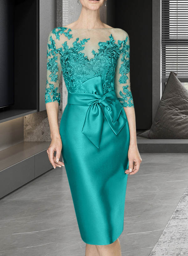 Sheath/Column Illusion Neck Knee-Length Satin Mother Of The Bride Dresses With Lace