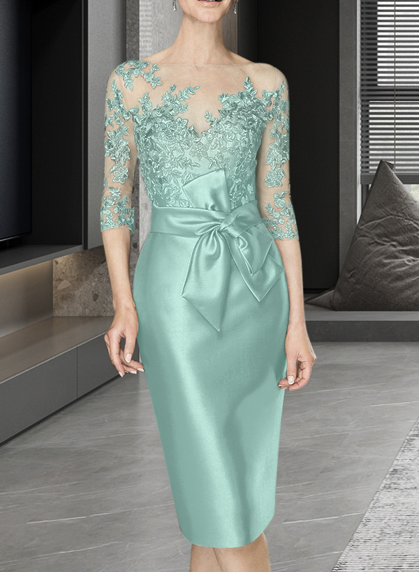 Sheath/Column Illusion Neck Knee-Length Satin Mother Of The Bride Dresses With Lace