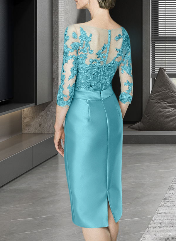 Sheath/Column Illusion Neck Knee-Length Satin Mother Of The Bride Dresses With Lace