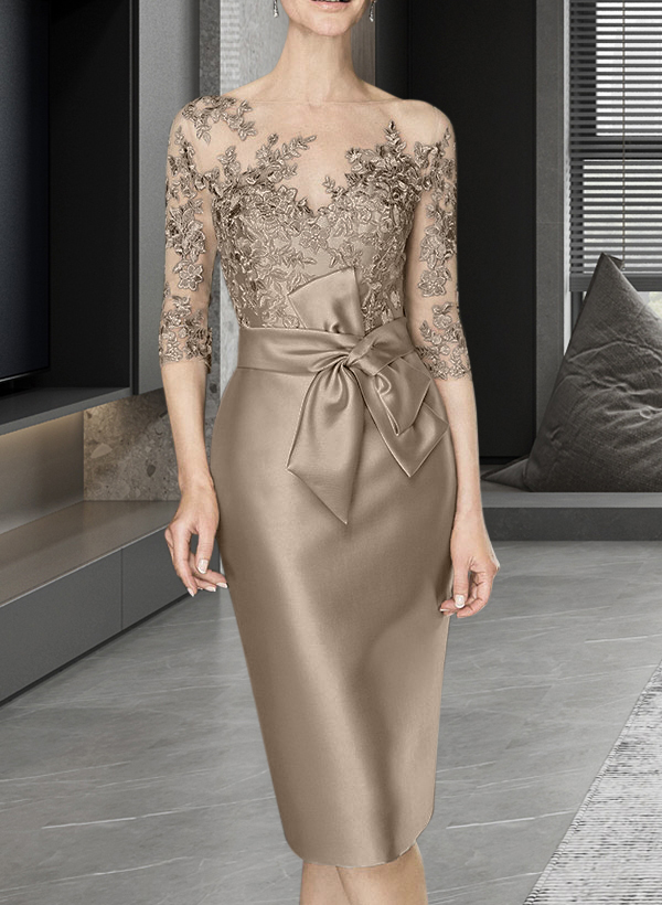 Sheath/Column Illusion Neck Knee-Length Satin Mother Of The Bride Dresses With Lace