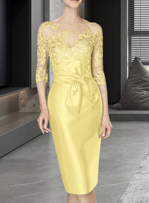 Sheath/Column Illusion Neck Knee-Length Satin Mother Of The Bride Dresses With Lace