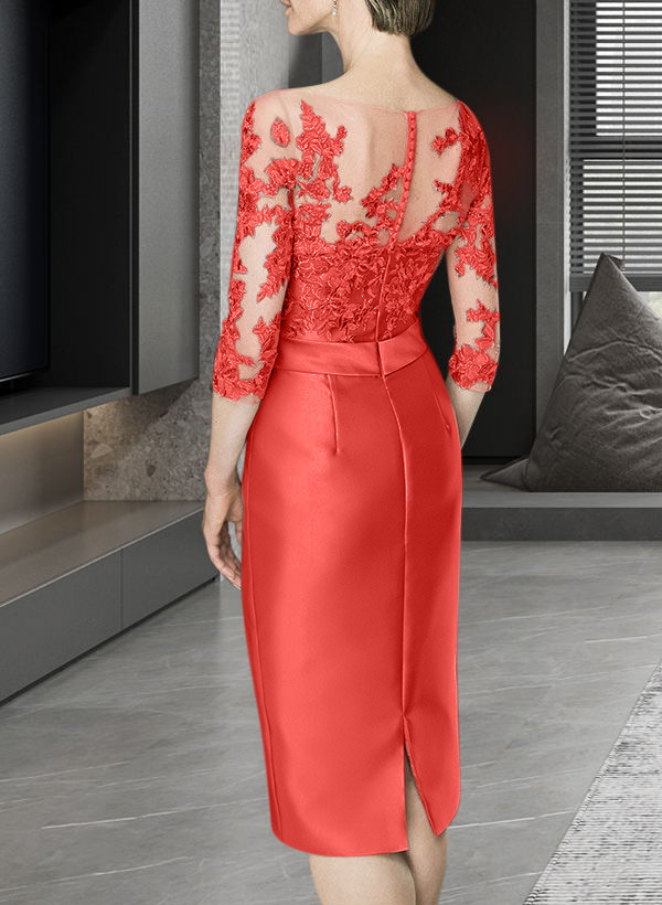 Sheath/Column Illusion Neck Knee-Length Satin Mother Of The Bride Dresses With Lace