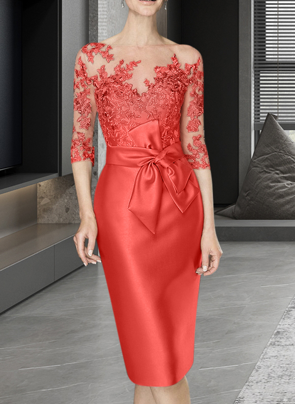 Sheath/Column Illusion Neck Knee-Length Satin Mother Of The Bride Dresses With Lace