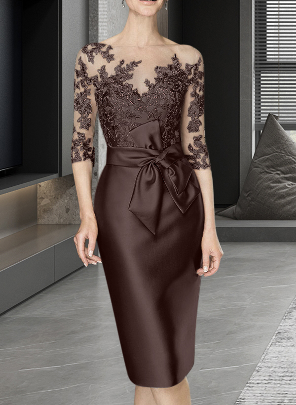Sheath/Column Illusion Neck Knee-Length Satin Mother Of The Bride Dresses With Lace