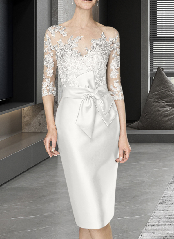 Sheath/Column Illusion Neck Knee-Length Satin Mother Of The Bride Dresses With Lace