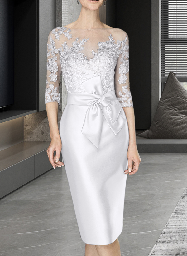 Sheath/Column Illusion Neck Knee-Length Satin Mother Of The Bride Dresses With Lace