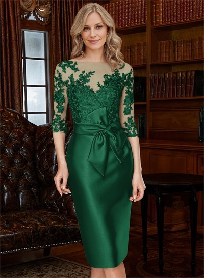 Sheath/Column Illusion Neck Knee-Length Satin Mother Of The Bride Dresses With Lace