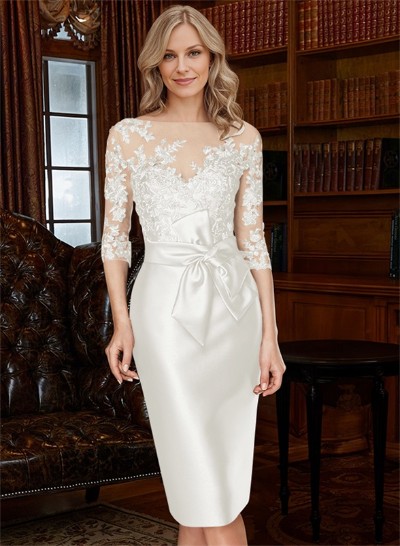 Sheath/Column Illusion Neck Knee-Length Satin Mother Of The Bride Dresses With Lace