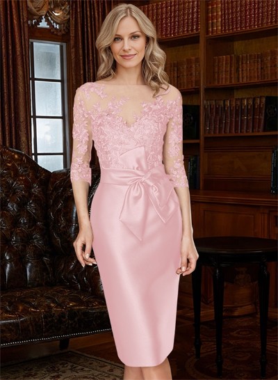 Sheath/Column Illusion Neck Knee-Length Satin Mother Of The Bride Dresses With Lace