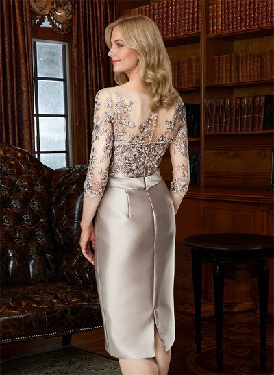 Sheath/Column Illusion Neck Knee-Length Satin Mother Of The Bride Dresses With Lace