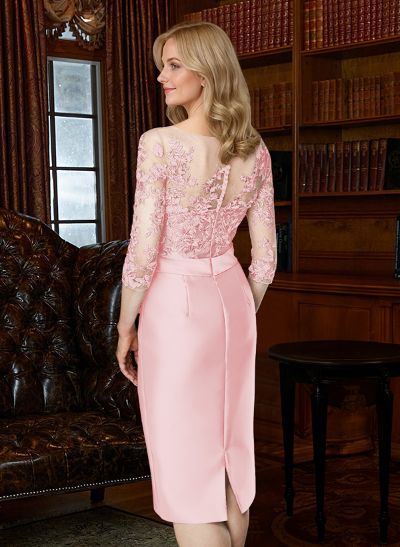 Sheath/Column Illusion Neck Knee-Length Satin Mother Of The Bride Dresses With Lace