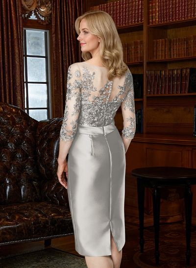 Sheath/Column Illusion Neck Knee-Length Satin Mother Of The Bride Dresses With Lace