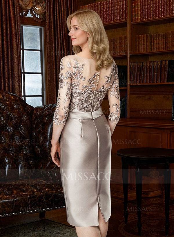 Sheath/Column Illusion Neck Knee-Length Satin Mother Of The Bride Dresses With Lace