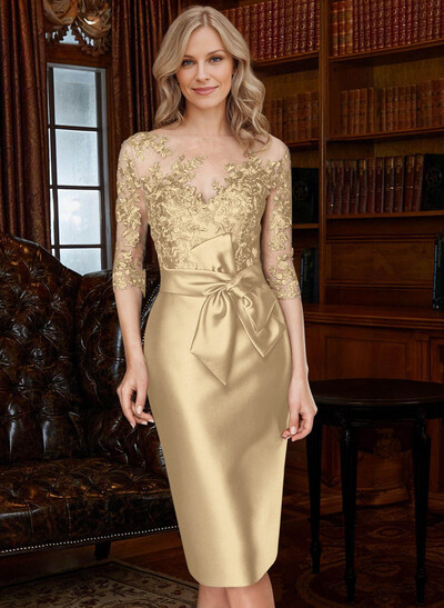 Sheath/Column Illusion Neck Knee-Length Satin Mother Of The Bride Dresses With Lace