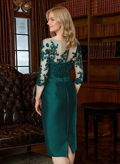 Sheath/Column Illusion Neck Knee-Length Satin Mother Of The Bride Dresses With Lace