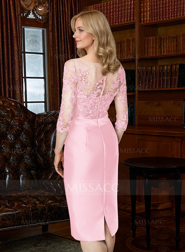 Sheath/Column Illusion Neck Knee-Length Satin Mother Of The Bride