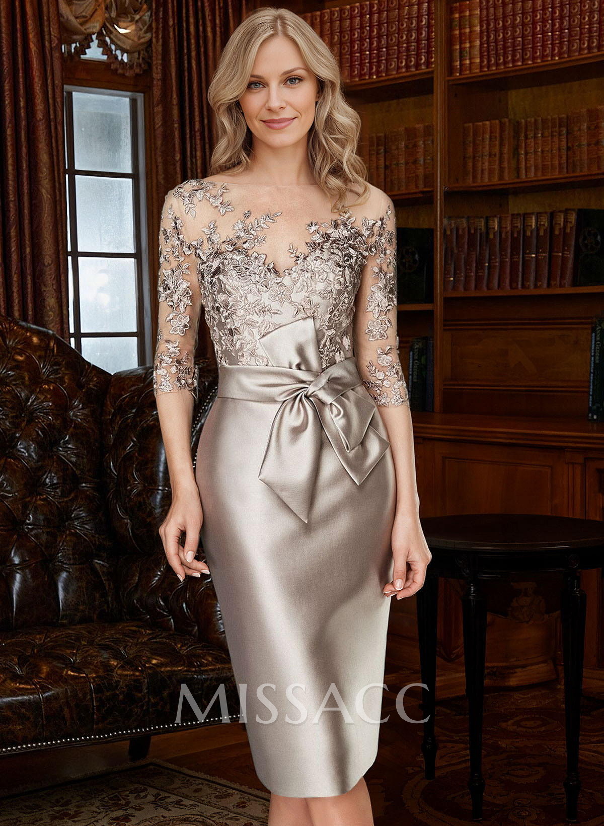 Sheath/Column Illusion Neck Knee-Length Satin Mother Of The Bride Dresses With Lace Sheath/Column Illusion Neck Knee-Length Satin Mother Of The Bride Dresses With Lace