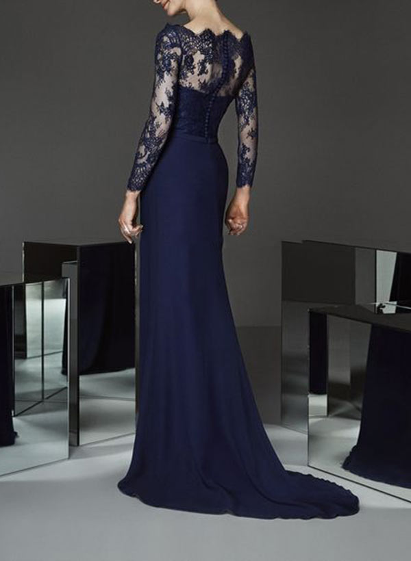 Sheath/Column Illusion Neck Floor-Length Chiffon Mother Of The Bride Dresses With Lace