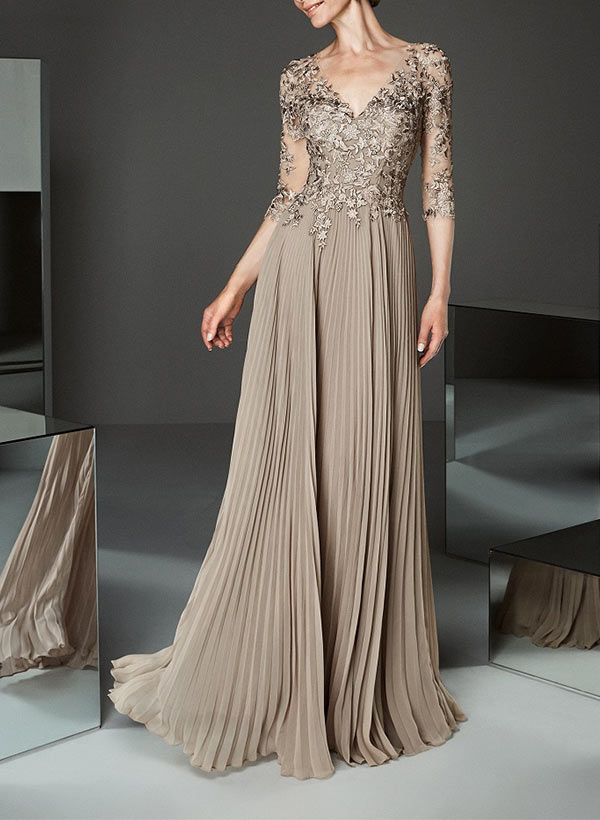 A-Line V-Neck Floor-Length Chiffon Mother of the Bride Dresses With Lace Pleated