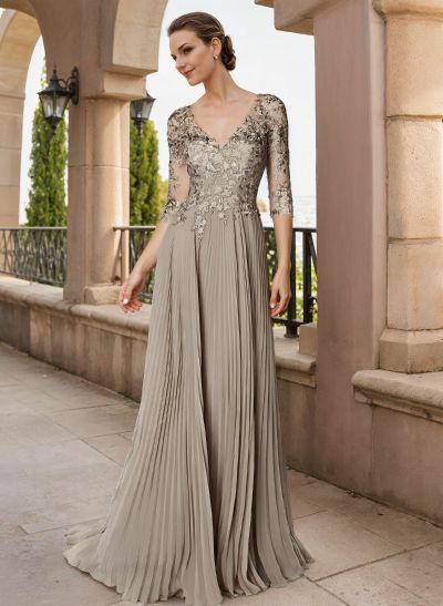 A-Line V-Neck Floor-Length Chiffon Mother Of The Bride Dresses With Lace Pleated