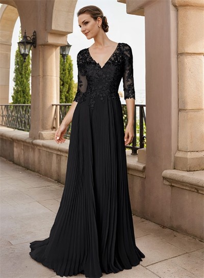 A-Line V-Neck Floor-Length Chiffon Mother Of The Bride Dresses With Lace Pleated