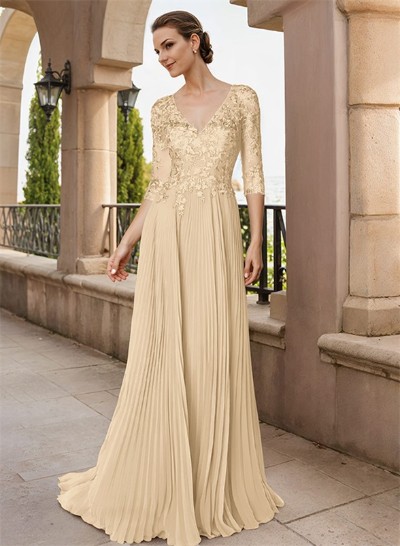 A-Line V-Neck Floor-Length Chiffon Mother Of The Bride Dresses With Lace Pleated