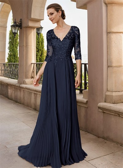 A-Line V-Neck Floor-Length Chiffon Mother Of The Bride Dresses With Lace Pleated