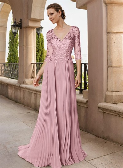 A-Line V-Neck Floor-Length Chiffon Mother Of The Bride Dresses With Lace Pleated