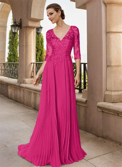 A-Line V-Neck Floor-Length Chiffon Mother Of The Bride Dresses With Lace Pleated